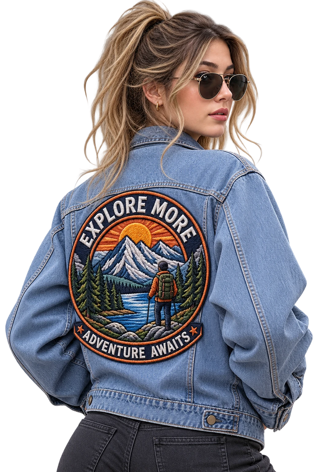 Raised 3D embroidered patches on a tote and jacket