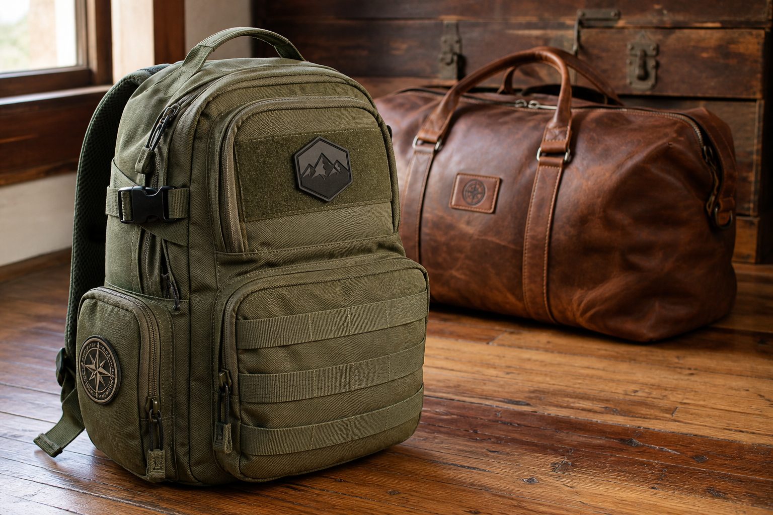 Olive canvas backpack with a PVC loop-panel patch and an embroidered side-pocket patch beside a leather duffel badge