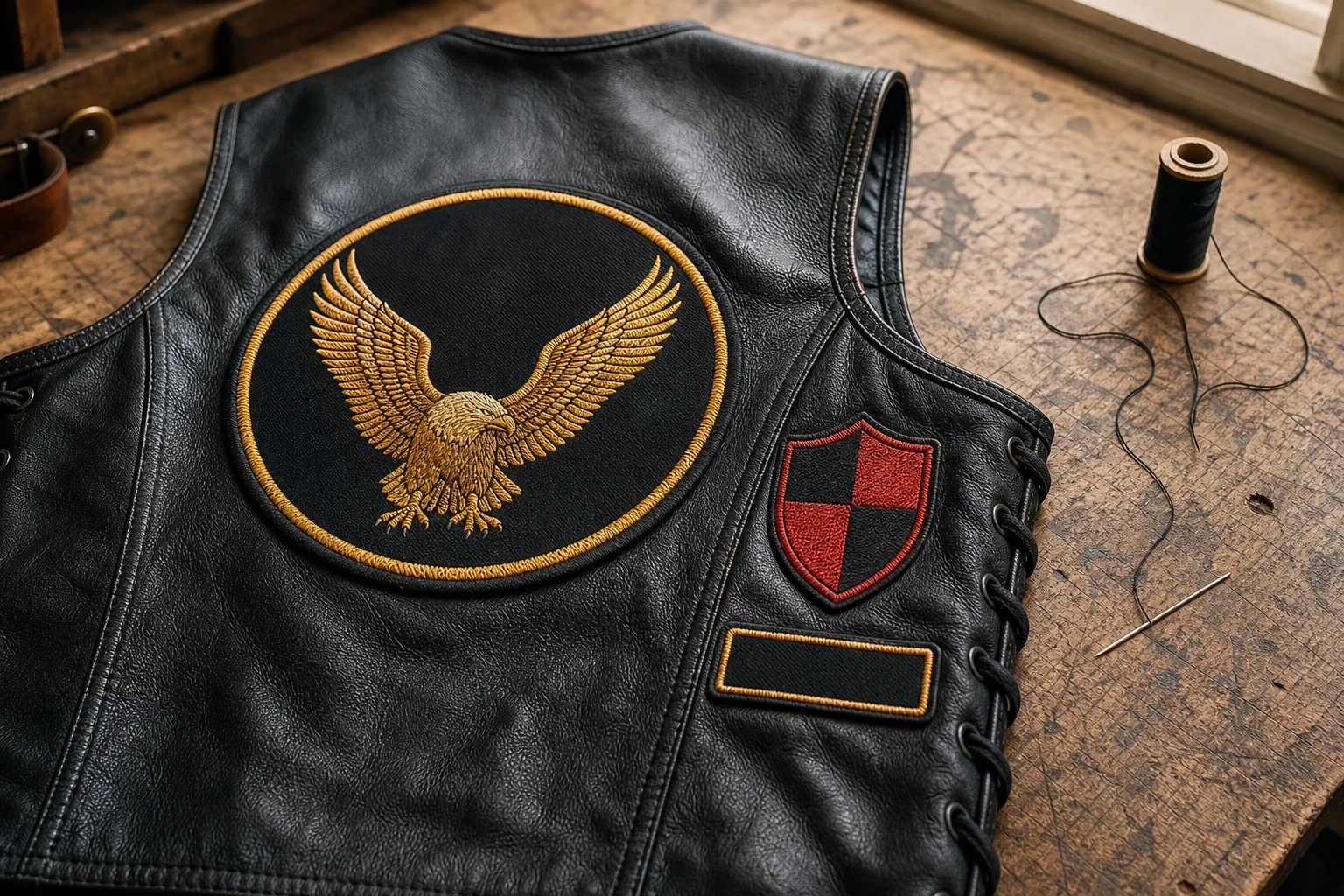 Embroidered motorcycle club patches and a name tab laid on a black leather vest