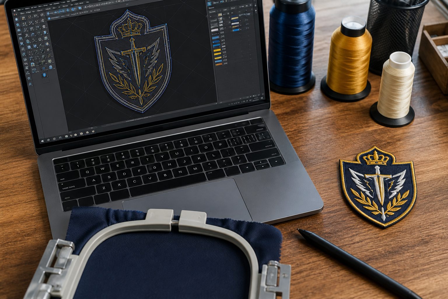 Digitizing workstation with stitch-path preview on a laptop beside a finished embroidered custom patch and thread spools