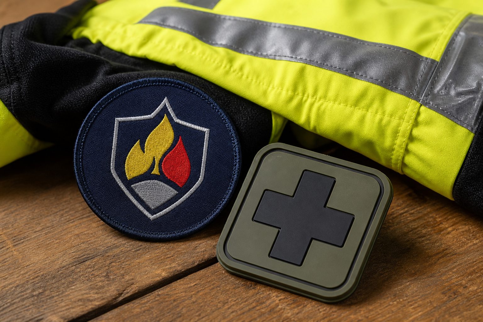 Custom embroidered fire-and-shield style patch and a subdued PVC morale patch beside a yellow high-visibility jacket sleeve