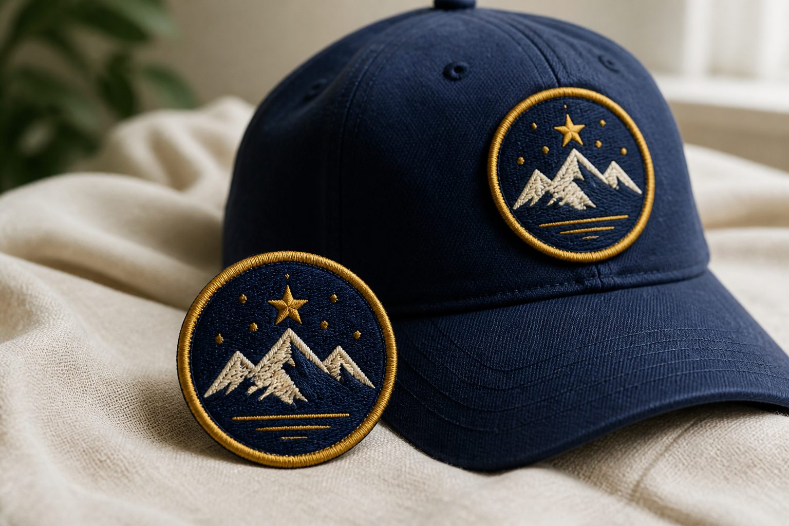 Navy baseball cap beside a 2.5-inch merrowed embroidered hat patch on cream linen