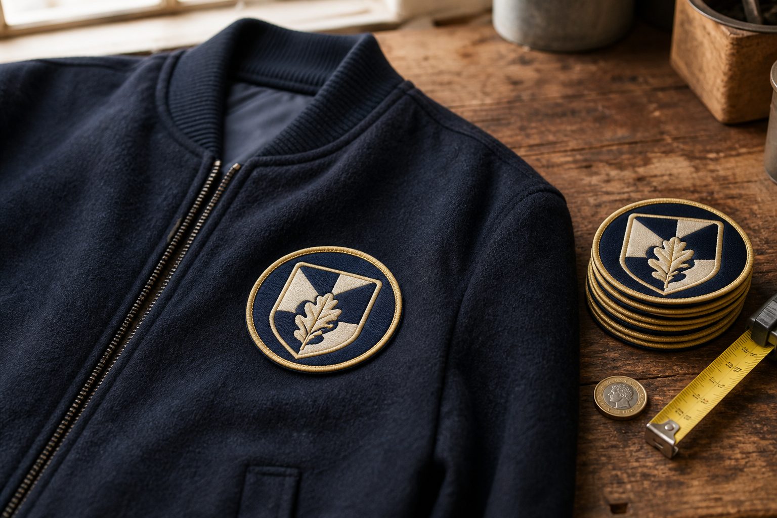 Navy wool jacket with a merrowed embroidered crest patch on the chest beside a stack of matching UK custom patches