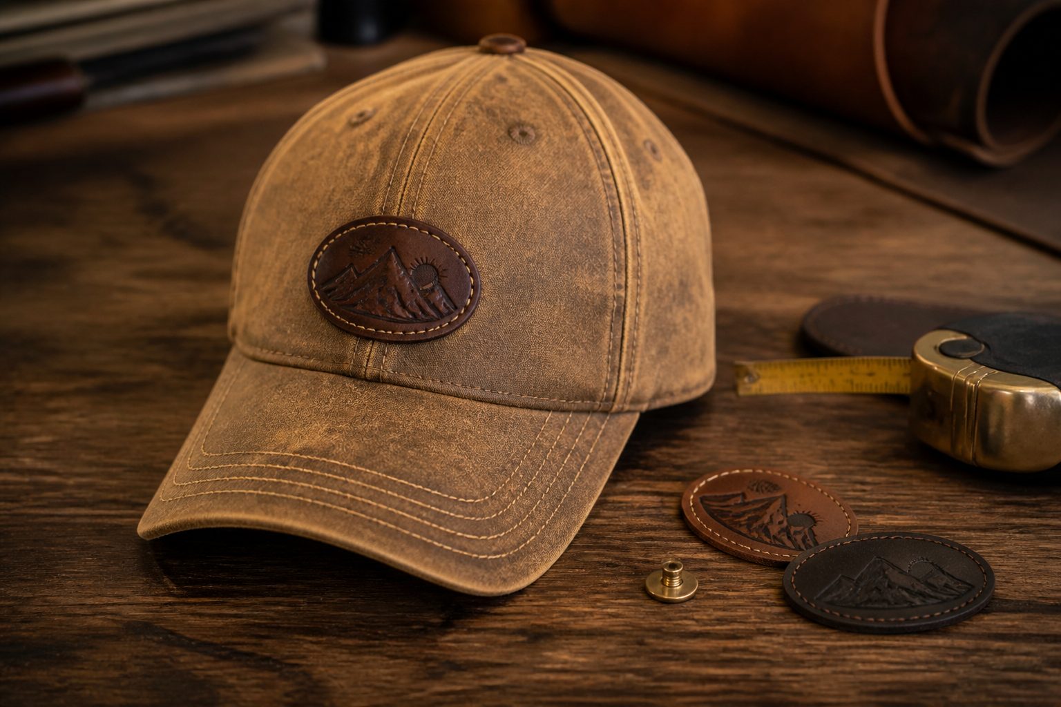 Tan leather baseball cap with an oval genuine leather patch on the front panel beside loose leather hat badges