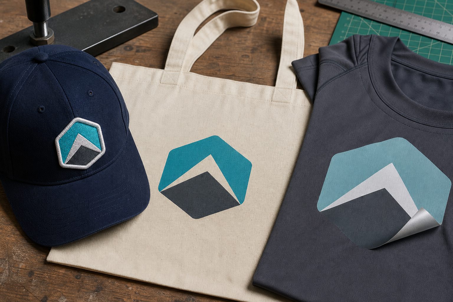 Embroidered cap patch beside a screen-printed tote logo and a heat-transfer mark on a sports tee