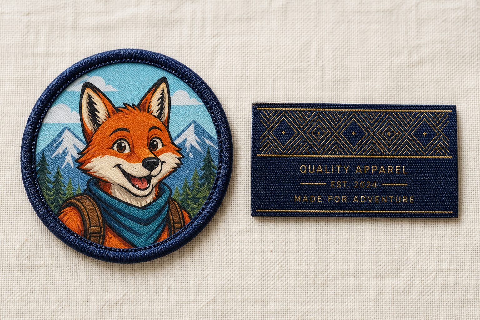 Full-colour printed crest patch beside a fine-detail woven clothing label on cream linen