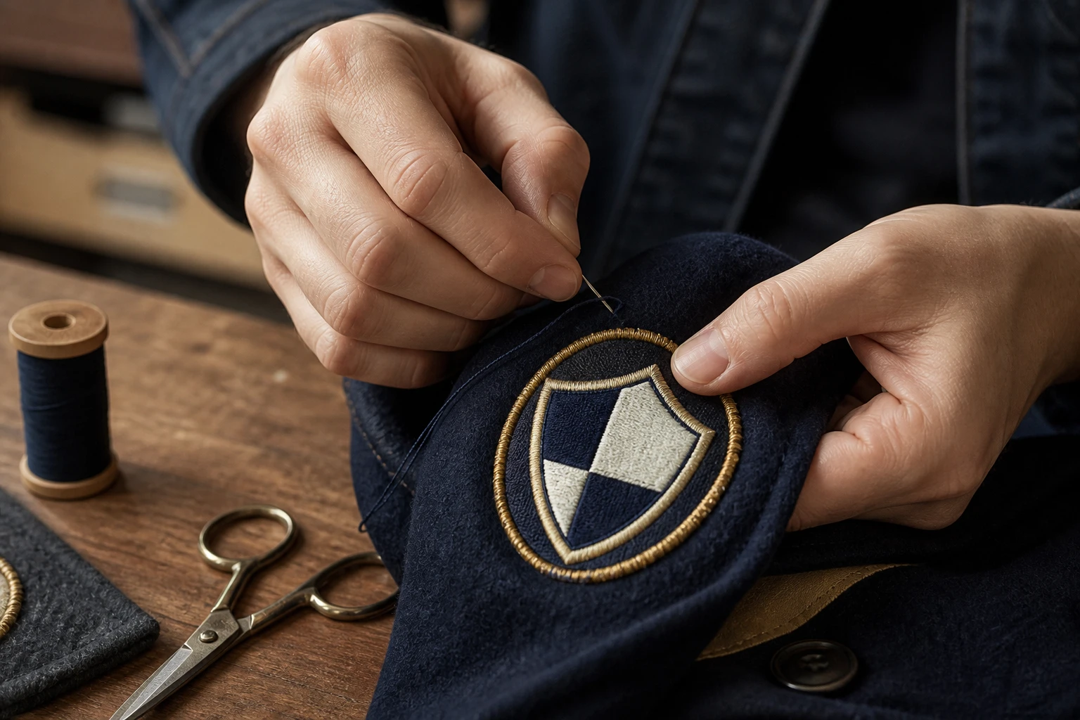 Hands sewing a merrowed embroidered patch onto a navy wool jacket