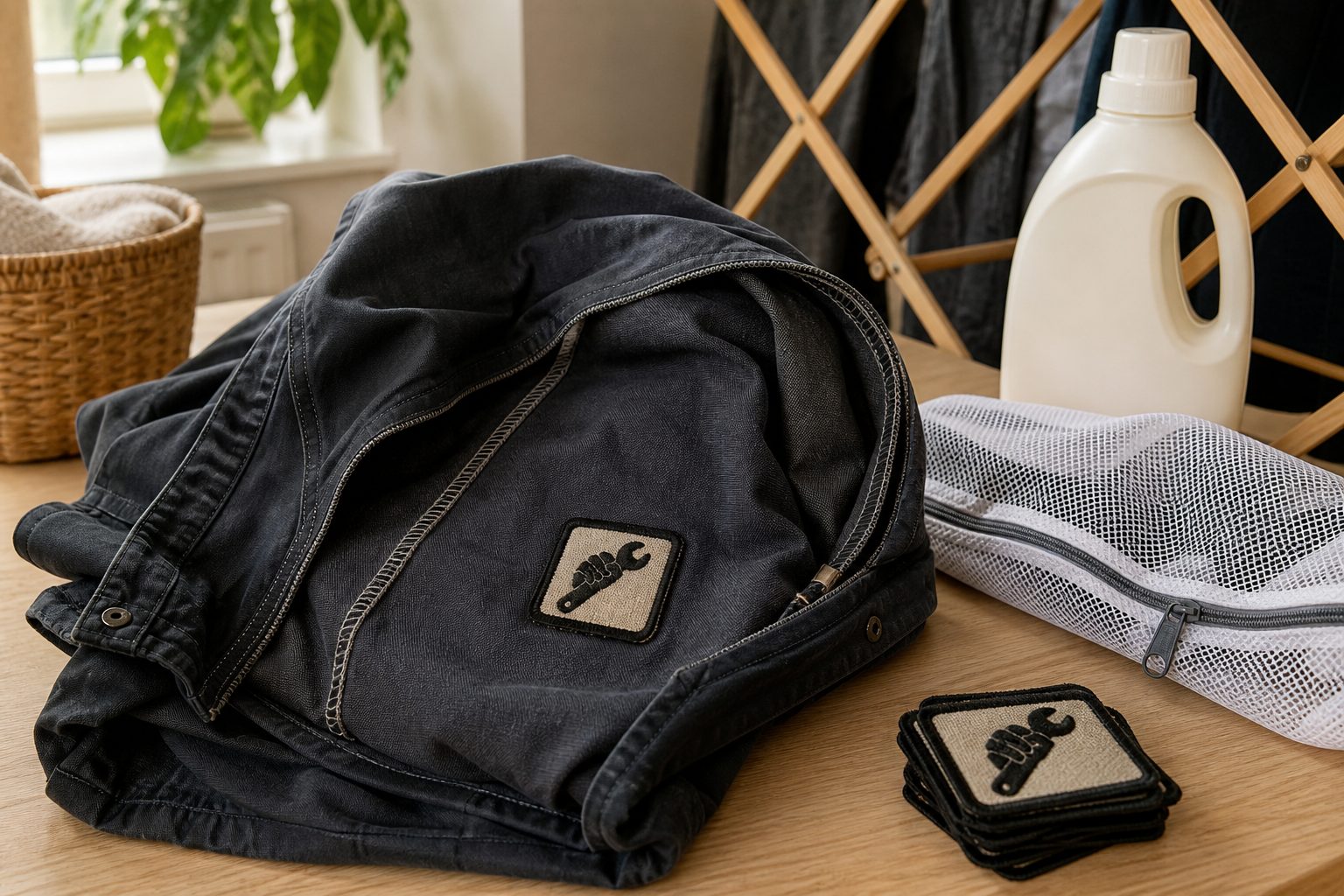 Embroidered custom patch on a cotton work jacket beside a mesh laundry bag and mild detergent on a wooden table