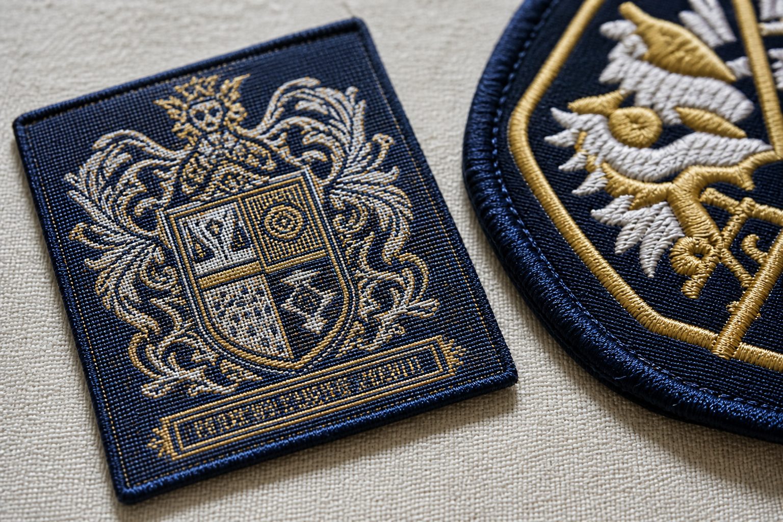 Macro of a fine damask woven custom patch next to a thicker embroidered crest showing weave versus stitch texture
