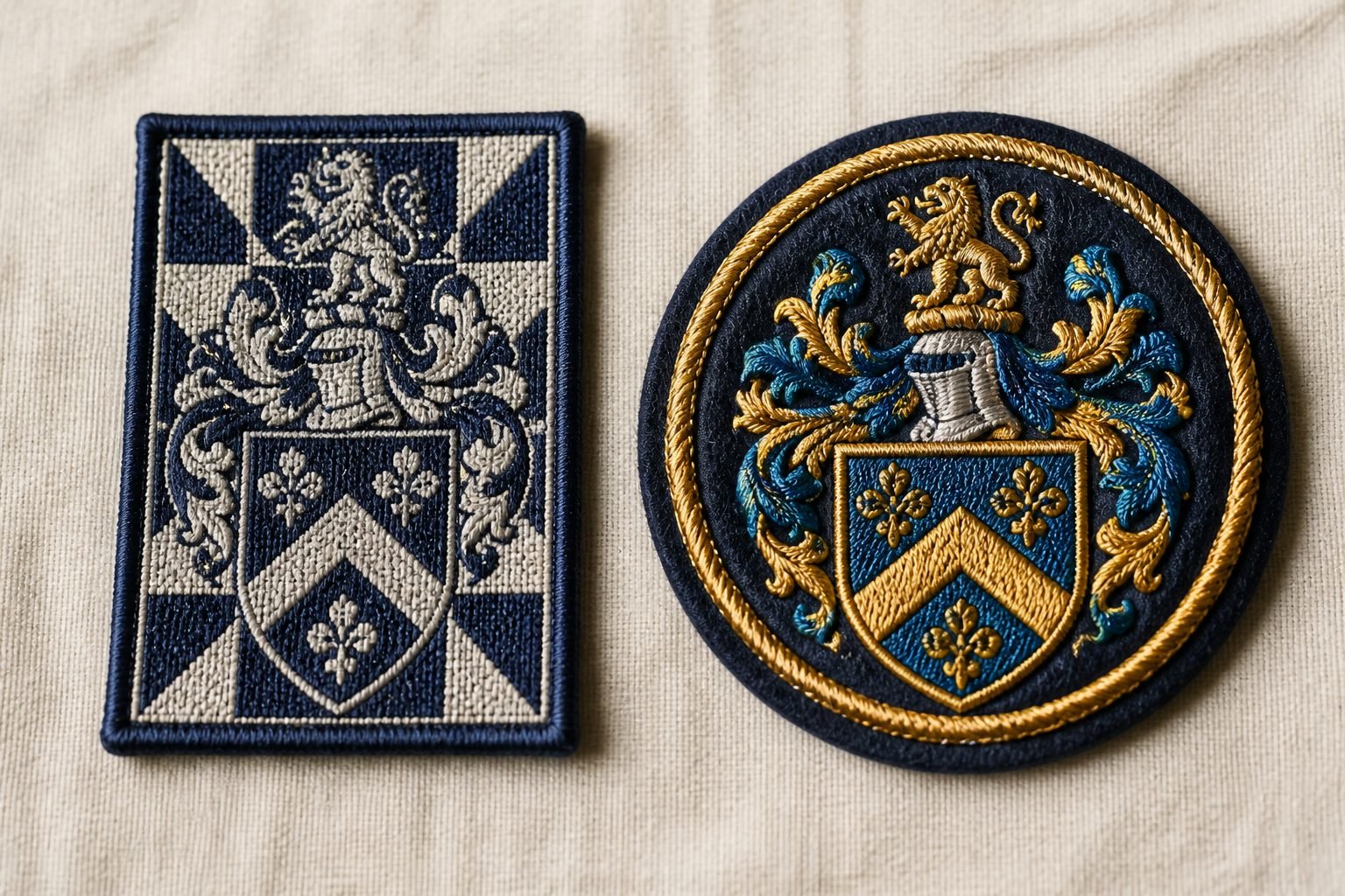 Fine-detail woven patch beside a raised embroidered crest on a cream surface