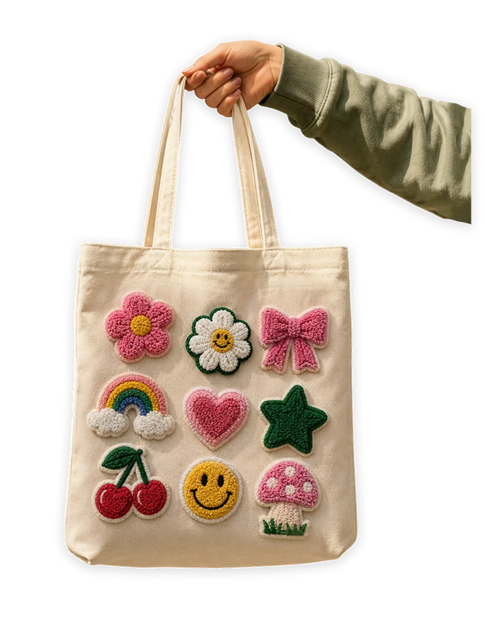 Custom chenille varsity patch on a tote bag